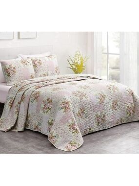 Floral Patchwork 3 piece 100% cotton Full Quilt Set - Pink